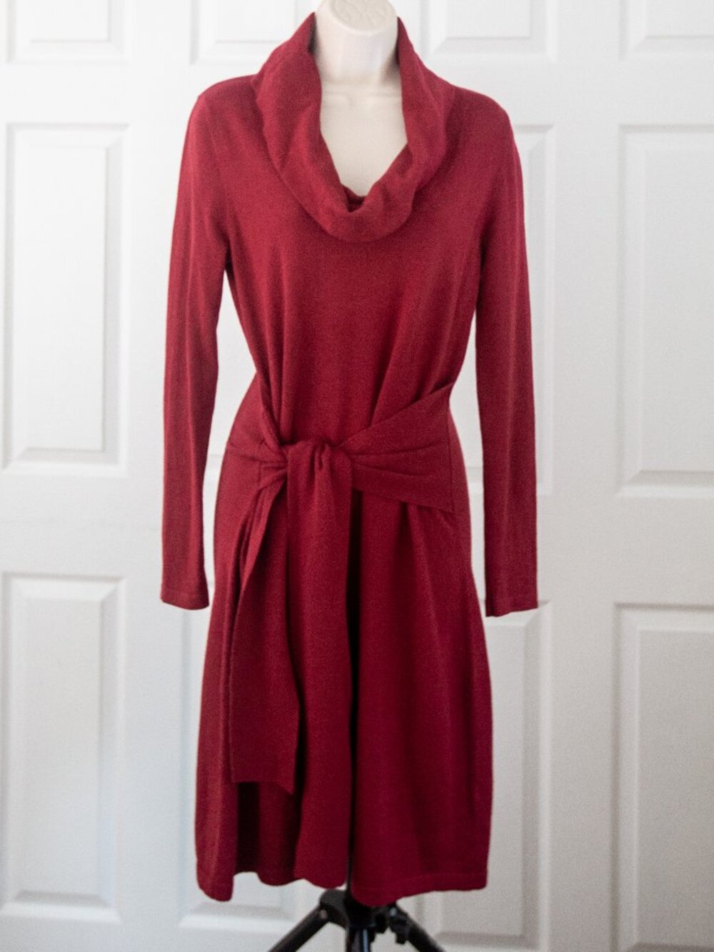 Cashmere Silk Cotton Blend Cowl Neck Long Sleeve Tie-Waist Cranberry Dress